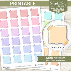Può includere: Note adesive stampabili in vari colori pastello, tra cui rosa, viola, blu e pesca. Ogni nota quadrata ha un bordo strappato ed è fissata alla carta con del nastro adesivo. L'immagine include il testo "Stick Notes #4 Instant Download".