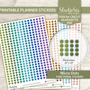 May include: Sheets of printable planner stickers featuring micro dots in various colors. The stickers are .25" x .25" and include text that reads "Micro Dots Functional Stickers" and "Printable Planner Stickers". The stickers are designed for use with Cricut and Silhouette machines.