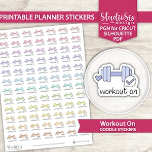 May include: Printable planner stickers featuring colorful dumbbell doodles with the text "workout on." The stickers are in various pastel colors and include a circular sticker with a dumbbell design and the words "workout on." The design also includes the text "Studio Sis Design."