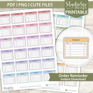 Puede incluir: Hojas de recordatorio de pedidos imprimibles en varios colores pastel. Cada hoja presenta una cuadrícula con secciones para la fecha, el artículo comprado y una casilla de verificación. El texto "PDF | PNG | CUTE FILES" está en la parte superior y "Order Reminder Instant Download" en la parte inferior.