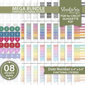 May include: A collection of printable planner stickers in various colors and styles. The stickers include date numbers, hearts, circles, and squares. The image also features the text "MEGA BUNDLE" and "FUNCTIONAL STICKERS". Each sticker is 0.4" x 0.4".