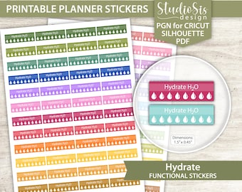 Hydrate Printable Planner Stickers, Bullet Journal Stickers, Erin Condren Stickers - Cut Files