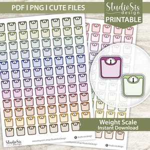 May include: Sheets of colorful weight scale stickers in various shades, including green, blue, purple, and brown. The stickers have a square shape with a scale design and a needle. The image also includes a circular graphic with two weight scale stickers and the text "Weight Scale Instant Download".