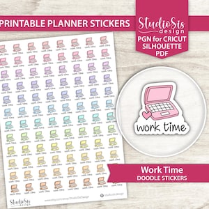 Op de afbeelding: Printbare plannerstickers met kleurrijke laptop doodles en de tekst "work time". Een ronde sticker toont een roze laptop met een hart en de woorden "work time". Het ontwerp bevat de tekst "Studio Sis design."