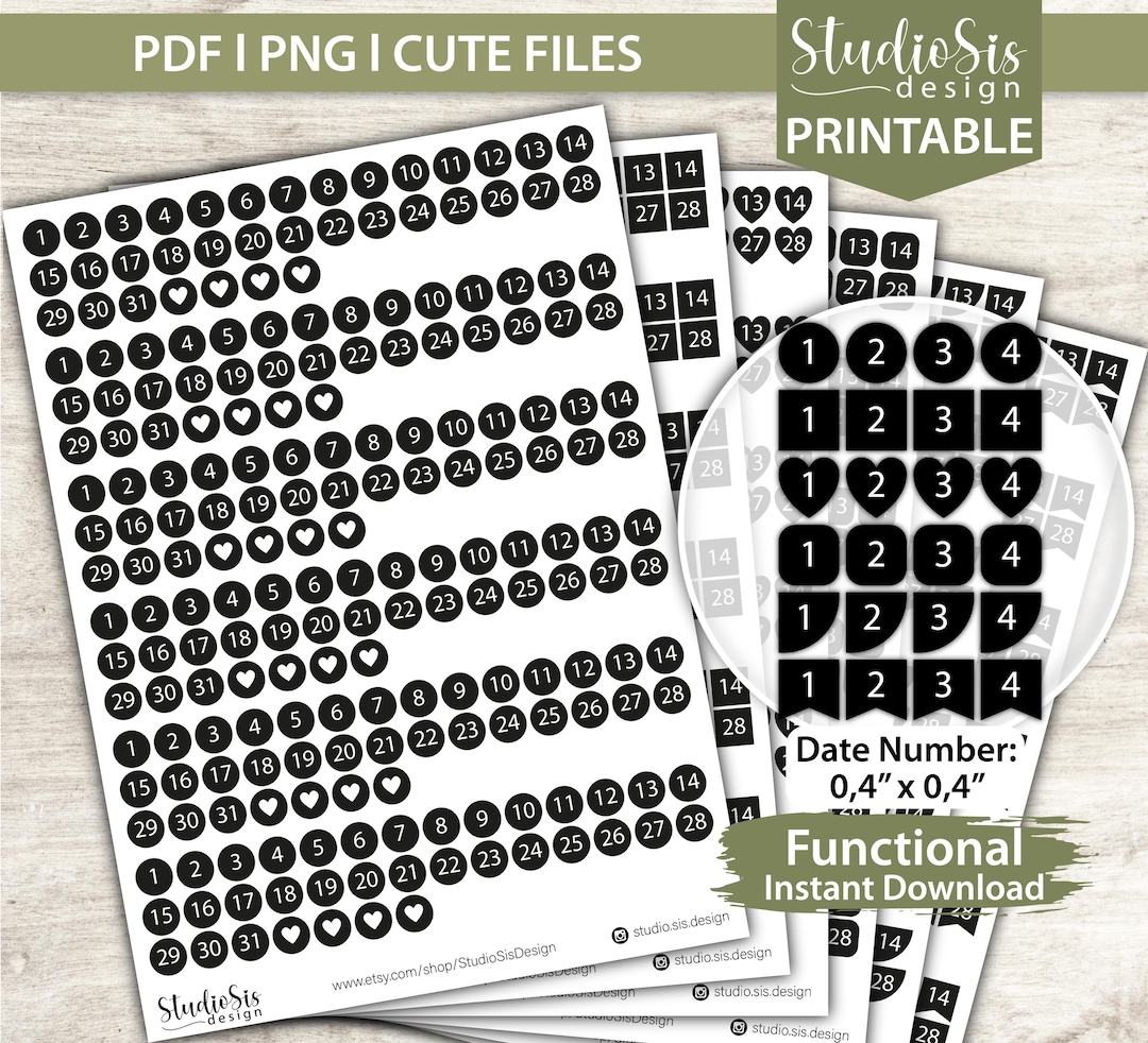 Date Number Stickers, Date Cover Stickers, Date Dot Stickers, Printable ...