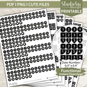 May include: Black and white printable date number stickers in various shapes, including circles, hearts, and squares. The stickers are labeled with numbers 1-31 and are 0.4 inches by 0.4 inches in size. The text "Functional Instant Download" is also visible.