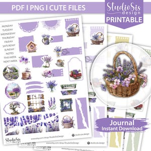 May include: A collection of printable journal stickers with a lavender theme. The stickers feature watercolor illustrations of lavender, baskets, and other decorative elements. Text includes "PDF | PNG | CUTE FILES", "Journal Instant Download", and "Studio Sis design".