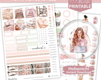 May include: A digital planner set with a watercolor design. The set includes stickers, a calendar, and decorative elements. The text on the image says "PDF | PNG | CUTE FILES" and "Hobonichi Instant Download". The color palette is soft pink and beige.