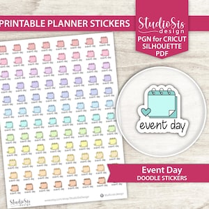 Könnte beinhalten: Blatt mit druckbaren Planer-Aufklebern mit kleinen Kalendersymbolen und dem Text "event day" in verschiedenen Pastellfarben. Ein runder Aufkleber mit einem Kalendersymbol und den Worten "event day" ist ebenfalls abgebildet.