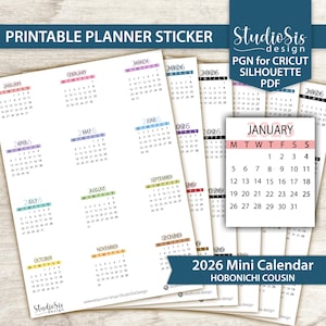 May include: Printable planner stickers featuring a 2026 mini calendar. The calendar sheets display months with colorful accents. The text "Printable Planner Sticker" and "2026 Mini Calendar" are visible. The Studio Sis design logo is also present.