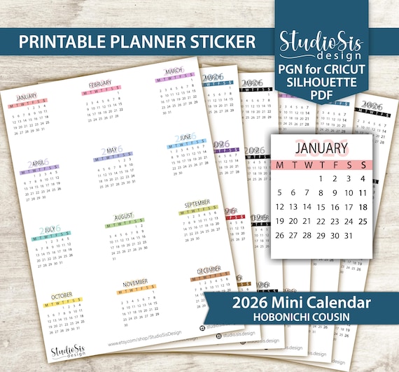 2026 Mini Calendar, Hobonichi Cousin Printable Planner Stickers, Cut Files