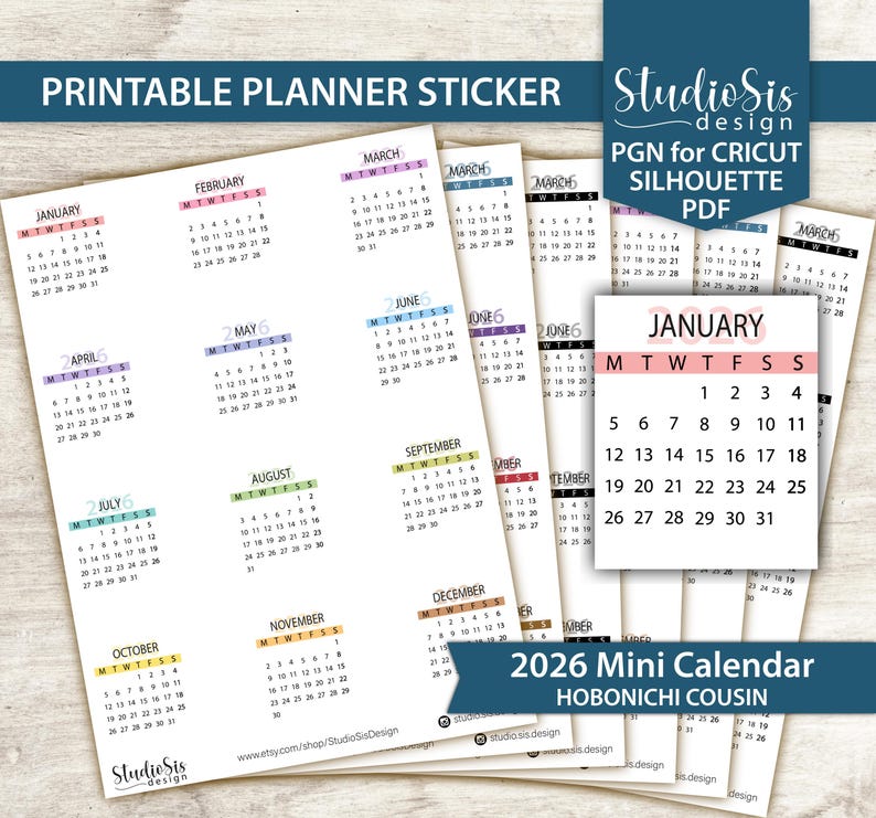 May include: Printable planner stickers featuring a 2026 mini calendar. The calendar sheets display months with colorful accents. The text "Printable Planner Sticker" and "2026 Mini Calendar" are visible. The Studio Sis design logo is also present.