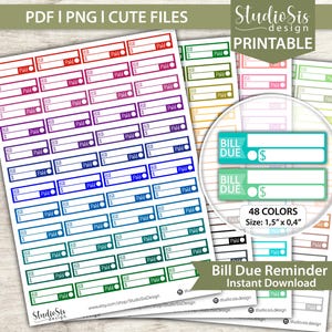 Op de afbeelding: Printbare stickers voor herinnering aan te betalen rekeningen in verschillende kleuren. Elke sticker is 3,8 cm x 1 cm groot en heeft een ruimte voor details en een "Betaald"-gedeelte. Het ontwerp bevat de tekst "Bill Due" en "$".