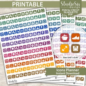Peut inclure: Icônes de planificateur imprimables de différentes couleurs, dont le vert, le bleu et l'orange. Les icônes sont disposées en rangées et comprennent des images d'horloges, de dents, de pilules, etc. Le texte "Icons Planner Instant Download" est visible.