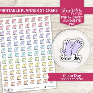 以下が含まれることがあります： 「clean day」の文字と、様々なパステルカラーの掃除用手袋のイラストが描かれた、印刷可能なプランナーステッカー。CricutとSilhouetteマシンで使用するために設計されています。