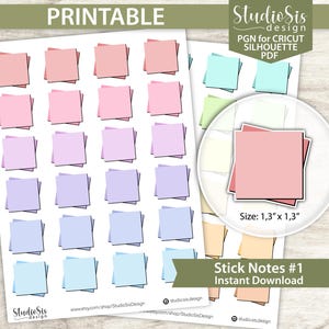 Op de afbeelding: Printbare sticker vellen met gekleurde post-its in roze, paars, blauw en groen. Elke notitie is ongeveer 3,3 cm bij 3,3 cm. De vellen bevatten de tekst "Stick Notes #1 Instant Download."