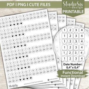 Peut inclure: Planche d'autocollants de planificateur imprimables avec des numéros de date et des icônes de cœur. Les autocollants sont de différentes formes et tailles, avec le texte "PDF I PNG I CUTE FILES" en haut. Les autocollants mesurent 1,0 cm x 1,0 cm et sont un téléchargement instantané fonctionnel.