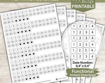 Printable Date Number Stickers, Planner Calendar Stickers (PDF, PNG, Silhouette)