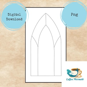 Puede incluir: Imagen de descarga digital con un diseño de ventana arqueada en blanco y negro. Las palabras "Digital Download" y "Png" están en círculos de color azul claro. El logotipo de Coffee Mermaid está en la esquina inferior derecha.