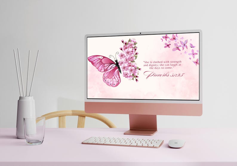 Butterfly Desktop Wallpaper | Pink Watercolor Bible Verse (PNG) - Etsy