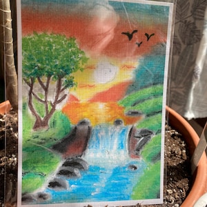 Impresión de atardecer en cascada: arte de paisaje pastel sobre cartulina de lino / Decoración de pared de 13 x 18 cm o 21,5 x 28 cm