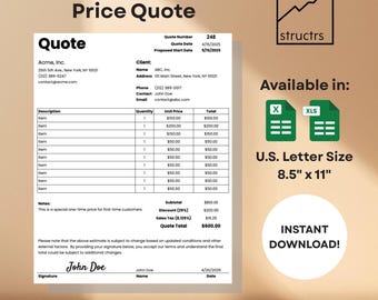 Job Quote Template: Auto-Calculating Excel + Google Sheets (Digital Download)