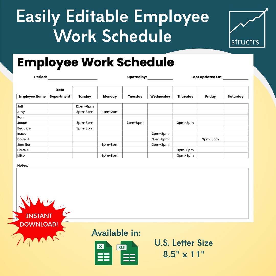 Employee Work Schedule Template | Google Sheets & Excel | Customizable ...