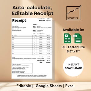 Auto-Calculating Receipt Template: Excel + Google Sheets (Digital Download)