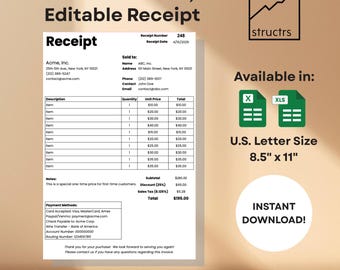 Auto-Calculating Receipt Template: Excel + Google Sheets (Digital Download)