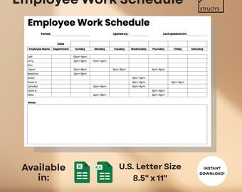 Employee Work Schedule Template: Google Sheets & Excel (Digital Download, Printable Design)