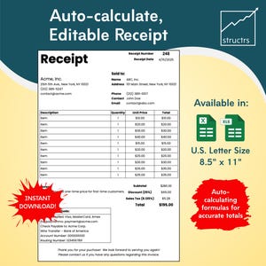 Receipt Template | Auto-Calculating Excel + Google Sheets | Easy to Use | Editable & Printable | Clean Sleek Professional Layout for SMBs