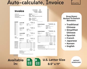Multilingual Easy Invoice Template | Auto-Calculating | Google Sheets | English, French, Spanish, Chinese, Japanese, Korean | Customizable