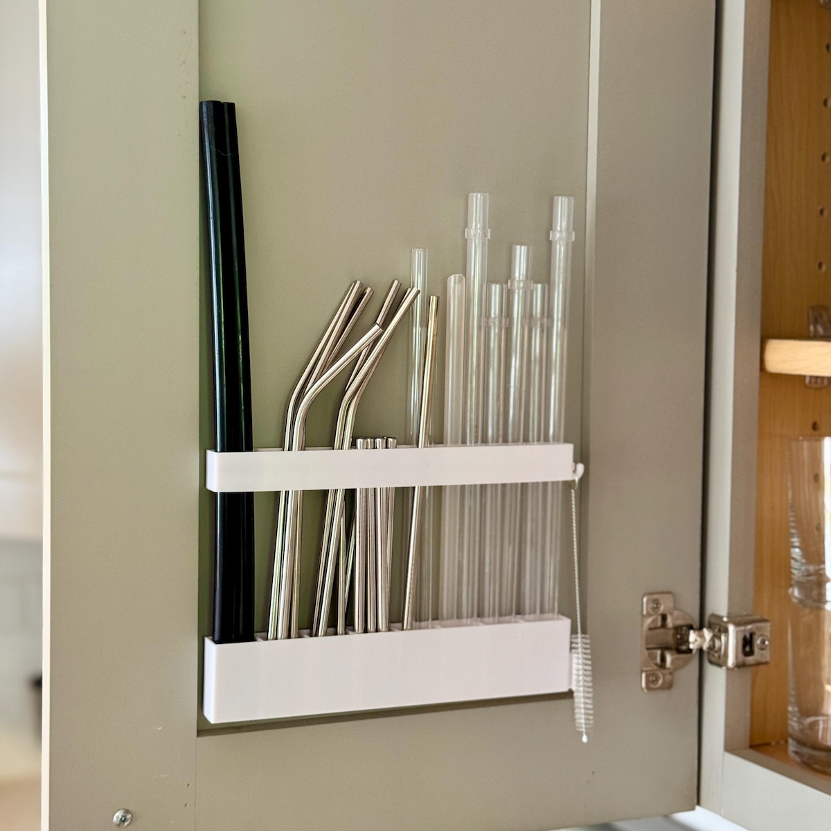 Reusable Straw Organizer With Hooks – Slim Cabinet or Wall Mount Holder for Glass, Metal, or Silicone Straws – Includes Mounting Tape - Etsy