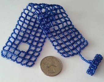 Cuff Bracelet, Cobalt Blue Windowpane pattern, Integrated Toggle Closure, No Metal Parts, Formal Occasion, Prom, Squares