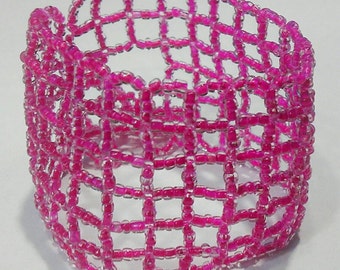 Cuff Bracelet - Hot Pink Windowpane Right Angle Weave - fits 6 1/2" - 7 1"2 inch wrist