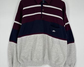 Vintage 80s 90s Green Line Colorblock Polo Sweatshirt Burgundy Navy Airplane