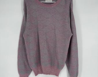 Vintage Christian Dior Mens Large Mauve Grey Geometric Knit Crewneck Sweater USA