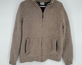 Vintage LL Bean Mens Lambswool Full Zip Sweater Flannel Lined Brown Mock Neck
