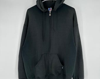 Vintage 90s FADED Russell Athletic Zip Up Hoodie XL Black Made in USA Sweatshirt
