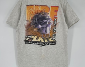 Vintage 90s Big Ball Sports Fire On The Plate Baseball Shirt Gray Large