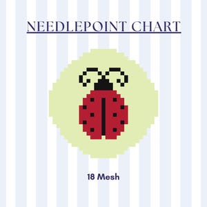 Puede incluir: Un gráfico de punto de cruz con un diseño de mariquita pixelada. La mariquita es roja con puntos negros, sobre un fondo verde claro. El texto "NEEDLEPOINT CHART" está en la parte superior y "18 Mesh" en la inferior. El fondo tiene rayas azules y blancas.