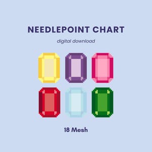 May include: A digital needlepoint chart featuring six pixel-art style gemstones in yellow, purple, pink, red, light blue, and green. The text reads NEEDLEPOINT CHART, digital download, and 18 Mesh against a light blue background.