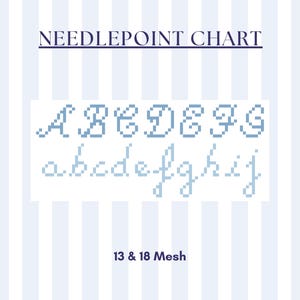 May include: A needlepoint chart with a blue and white striped background. The text "NEEDLEPOINT CHART" is at the top. Below are the uppercase and lowercase alphabets in a blue pixelated font. The text "13 & 18 Mesh" is at the bottom.