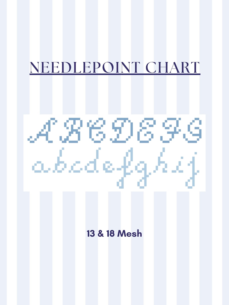 K&ouml;nnte beinhalten: Ein Nadelkarten-Diagramm mit blau-wei&szlig; gestreiftem Hintergrund. Der Text "NEEDLEPOINT CHART" steht oben. Darunter sind die Gro&szlig;- und Kleinbuchstaben des Alphabets in einer blauen Pixel-Schriftart. Der Text "13 & 18 Mesh" steht unten.