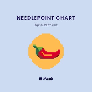 May include: A digital needlepoint chart featuring a pixel art chili pepper in red and green on a yellow circular background. The text reads NEEDLEPOINT CHART, digital download, and 18 Mesh. The design is set against a light blue background.