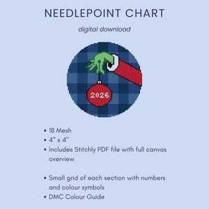 Peut inclure: Un diagramme de canevas num&eacute;rique avec un motif circulaire sur fond &eacute;cossais bleu, une main verte dans une manche rouge tenant une boule rouge marqu&eacute;e 2026. Le texte indique NEEDLEPOINT CHART, digital download, 18 Mesh, 10,16 cm x 10,16 cm, Stitchly PDF et DMC Colour Guide.