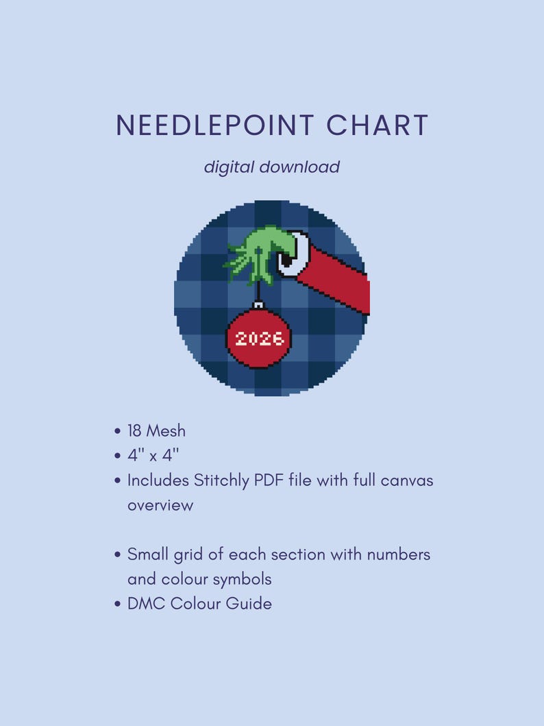 Peut inclure: Un diagramme de canevas num&eacute;rique avec un motif circulaire sur fond &eacute;cossais bleu, une main verte dans une manche rouge tenant une boule rouge marqu&eacute;e 2026. Le texte indique NEEDLEPOINT CHART, digital download, 18 Mesh, 10,16 cm x 10,16 cm, Stitchly PDF et DMC Colour Guide.