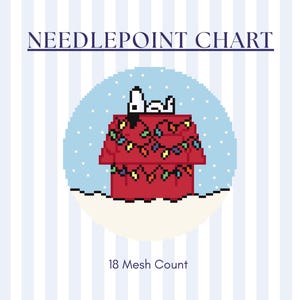 May include: Needlepoint chart featuring a red doghouse decorated with Christmas lights, with a black and white dog on top, set against a snowy blue background. The text "NEEDLEPOINT CHART" and "18 Mesh Count" are displayed.