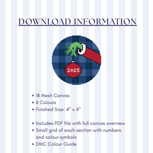 May include: A digital download information sheet with a cross-stitch design. The design features a green hand holding a red ornament with "2025" on it. The finished size is 4" x 4". Includes a PDF file with canvas overview and DMC color guide.