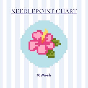 Op de afbeelding: Kruissteekdiagram met een gepixelde roze hibiscusbloem, gele accenten en groene bladeren, tegen een lichtblauwe achtergrond. De tekst "NEEDLEPOINT CHART" staat boven de bloem en "18 Mesh" eronder.